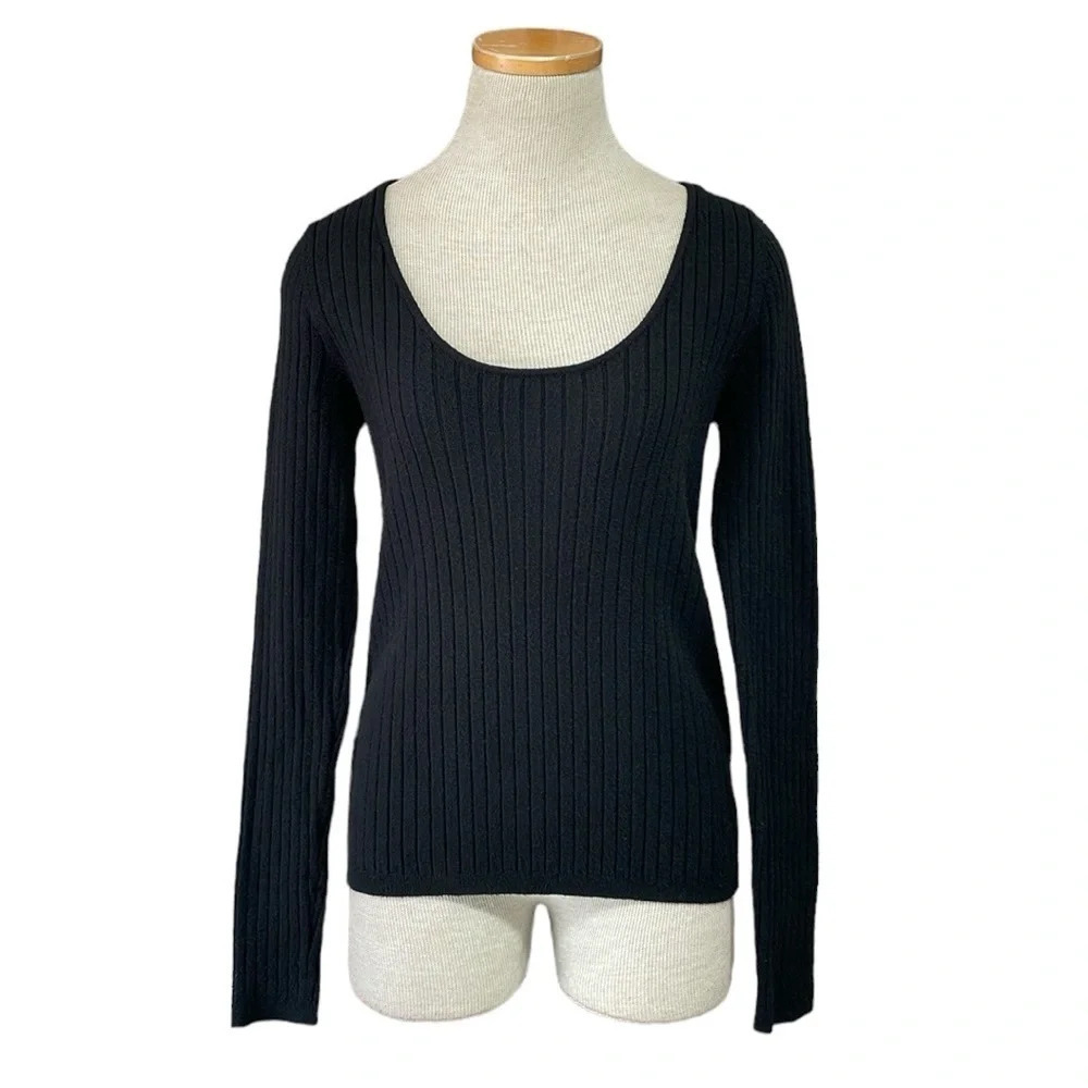 Halogen Sweater Women's 8 Black Ribbed Knit Scoop Neck Pullover